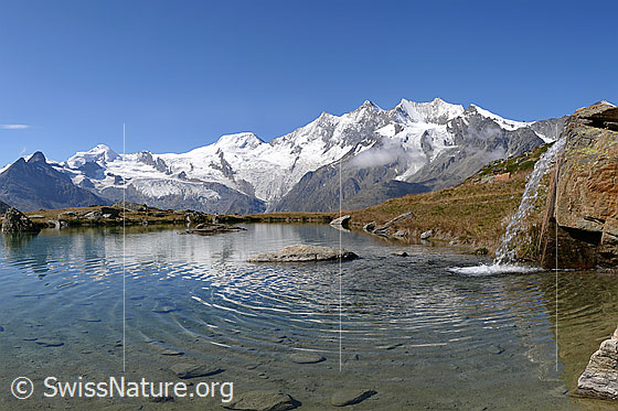 Foto: Kreuzbodensee und Mischabel: Egginer, Allalinhorn, Feechopf, Alphubel, Täschhorn, Dom, Lenzspitz, Nadelhorn und Ulrichshorn.