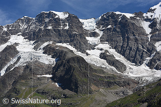 Foto: Berg- und Gletscherwelt im hinteren Lauterbrunnental.
Gipfel: Mittaghorn (Nordwand).
Gletscher: Südlicher Breitlouwenengletscher und Vordre Schmadrigletscher.