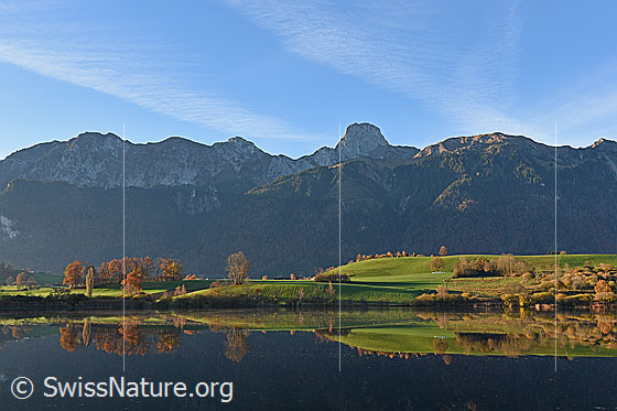 Foto: Stockhornkette mit Spiegelung im Vordergrund.