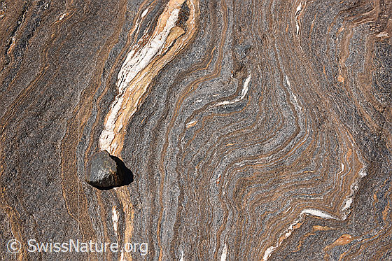Foto: Stein auf Gletscherschliff mit interessanter Struktur der Felsschichtung.
