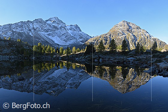 Foto: Spiegelung mit einer Berglandschaft in Bergsee. Ausschnitt aus Panoramafoto.