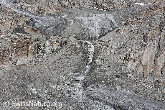 Foto: Tiefengletscher: Zunge hat Kontakt zum Gletscher verloren.
Im Sommer 2017 hat die Zunge des Tiefengletschers den Kontakt zum Gletscher verloren  (gut sichtbar am Felsriegel mit Gletscherbach oberhalb der Bildmitte). Zurück bleibt eine recht grosse Masse von Toteis, welches in den nächsten paar Jahren abschmelzen wird.
