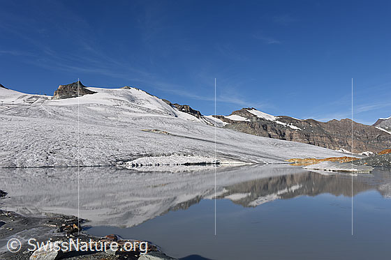 Foto: Spiegelung in Gletschersee. Bei diesem Gletschersee handelt es sich um einen randglazialen See (Gletscherrandsee).
