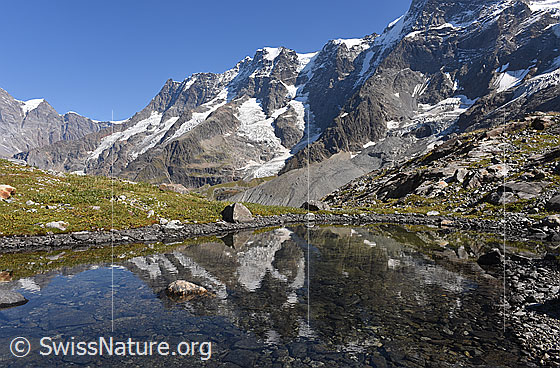 Foto: Im kleinen Bergsee speiegl sich ein paar der div. Nordwände des hinteren Lauterbrunnentals.