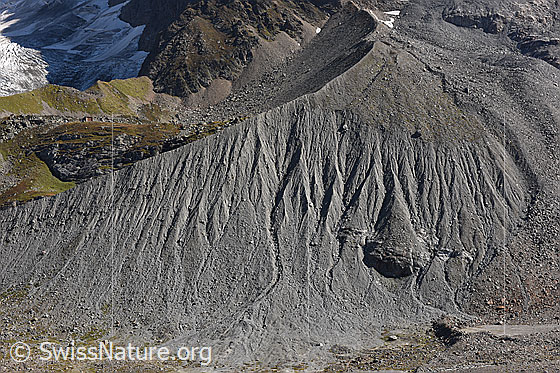 Foto: Seitenmoräne von Breithorngletscher und Grosshorngletscher. Der Breithorngletscher floss von rechts nach links, während der Grosshorngletscher von oben in den Breithorngletscher mündete. Dadurch enstand eine Seitenmoräne mit Kurve.
In der grünen Fläche links im Bild ist die Schmadrihütte zu sehen.
