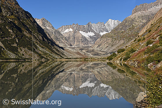 Foto: Spiegelung im Grimselsee. Bergwelt im Grimselgebiet.