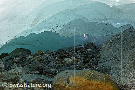 Foto: Diese Eishöhle hat sich unter einem Toteikegel gebildet. Der Toteiskegel stand in den Jahren 2017 bis 2019 vor dem Unteraargletscher. Höhe: 50cm - 100cm.
