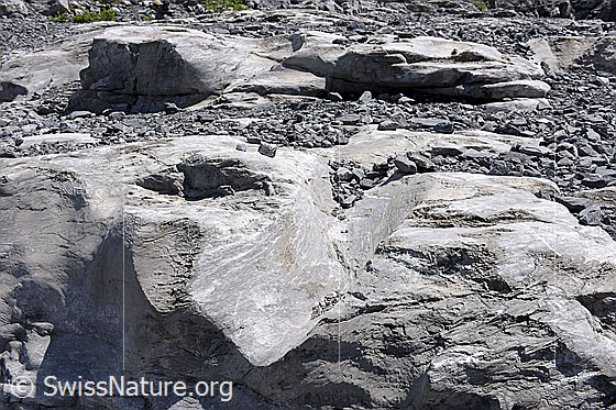 Foto: Ehemaliger subglazialer Schmelzwasserkanal.
Da sich wahrscheinlich der ganze Kanal im Gletscherbett (= unter dem Gletscher) befand, wird von einem Nye-Kanal gesprochen.

