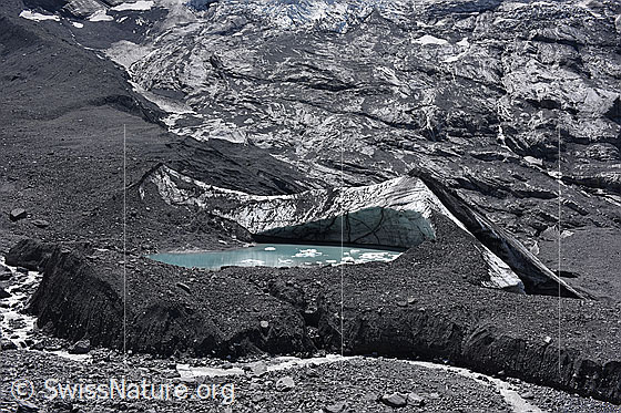 Foto: Gletschersee (Randglazialer See) am Gamchigletscher.
Dieser Gletschersee entstand Ende 2016 und entleerte sich im September 2019.
Im August 2019 zeigte sich der Gletschersee von seiner besten Seite.


