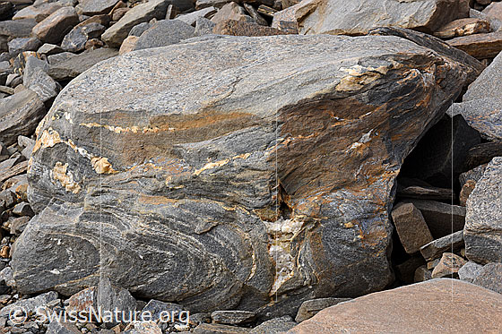 Foto: Zerrkluft mit Quarzkristallen in einem Felsblock.Die Kristallkluft misst ca. 5x10cm.
