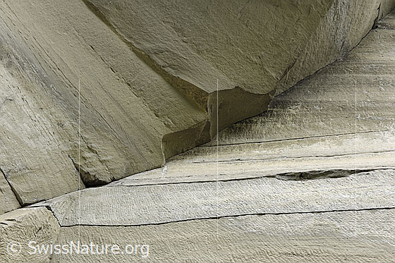 Foto: Schichten in Sandsteinwand. Hier wurden früher Sandsteinqauder abgebaut, welche für den Bau von Gebäuden verwendet wurden. Sandstein ist ein Sedimentgestein.
