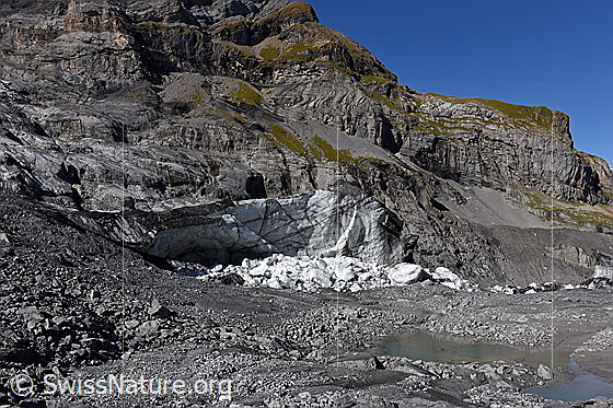 Foto: Der randglaziale See wurde von einem Riegel aus Eis gestaut. Wenige Tage vor der Aufnahme dieses Fotos ist der Eisriegel eingestürzt und der See ausgelaufen. Ansicht von Südosten.

