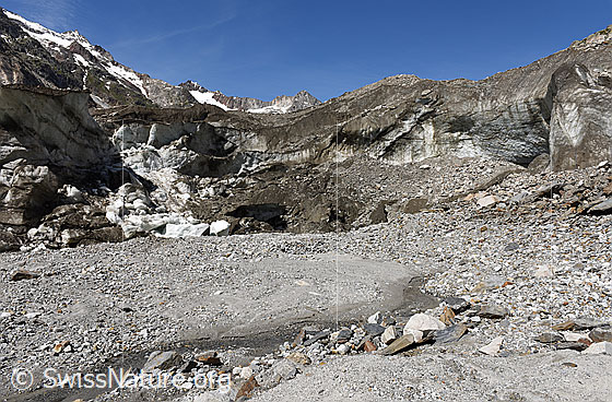 Foto: Blick in den Einsturztrichter 2018/2019. Der Einsturztrichter hat sich im Sommer 2019 gegen Osten hin geöffnet und kann mit der notwendigen Vorsicht betreten werden. Die Front des Einsturztrichers hat sich weiter nach Westen verschoben.

