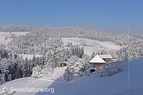 Foto: Bauernhaus in Winterlandschaft.