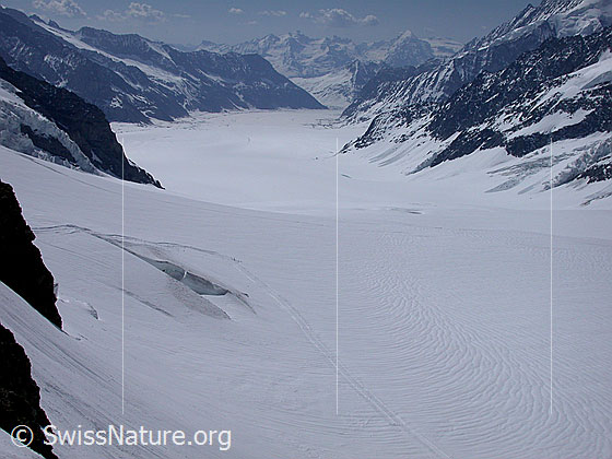 Foto: Blick vom Jungfraujoch über den Jungfraufirn Richtung Konkordiaplatz,  Aletschgletscher und Eggishorn.