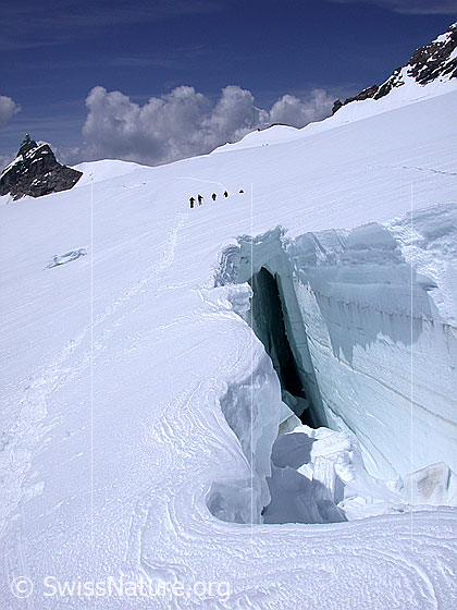 Foto: Auf dem Jungfraufirn. Blick in Gletscherspalte. Dahinter eine Seilschaft.