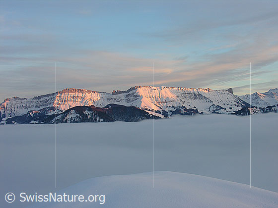 Foto: Abendstimmung auf dem Rämisgummen, Eggiwil. Blick über das umfassende Nebelmeer zur Schrattenfluh im Abendrot.