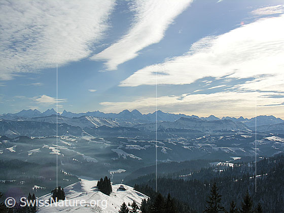 Foto: Blick vom Farnliesel über schneebedeckte Emmentaler Hügellandschaft Richtung Berner Alpen. Schleierwolken bilden interessante Muster am Himmel.