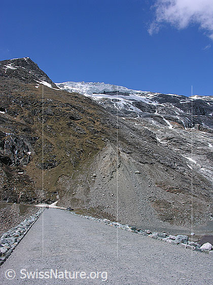 Foto: Blick über den Staudamm zum Abbruch des Allalingletschers hoch.