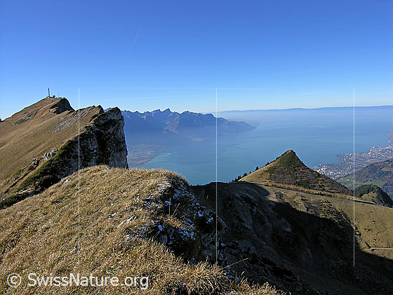 Foto: Gipfel des Rochers de Naye und Le Merdasson mit Tiefblick auf den Genfersee (Le Léman) und Montreux.