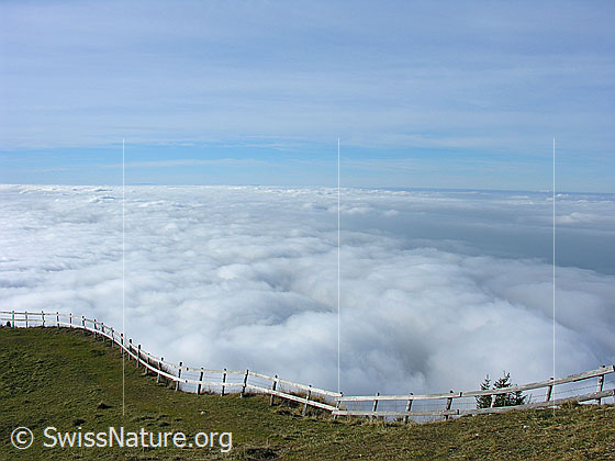 Foto: Blick von Rigi Kulm über das kompakte Nebelmeer über der Zentralschweiz und dem Mittelland. Im Vordergrund ist ein hölzerner Weidezaun zu sehen.
