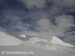 F001385: Skispur in verschneiter Landschaft mit Wolken