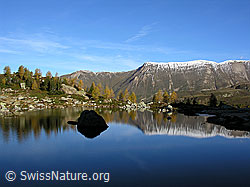 F030587: Herbstliche Berglandschaft mit Felsblock und Spiegelung im See