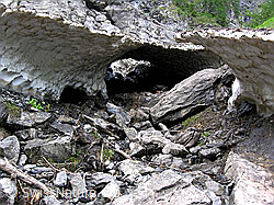 F038361: Schneebrücke über ausgetrocknetem Bachbett