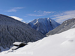 F044144: Bergtal und Alphütte im Neuschnee