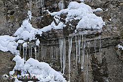 F054631: Eiszapfen und Schnee in Felswand