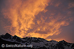 F108779: Morgenstimmung mit brennenden Wolken über einer Bergkette