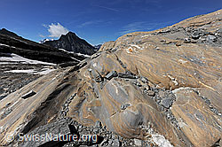 F120510: Marmorierter Gletscherschliff vor pyramidenförmigem Berg