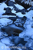 F136731: Kunstvolle Eisgebilde in Bergbach (Langzeitbelichtung)